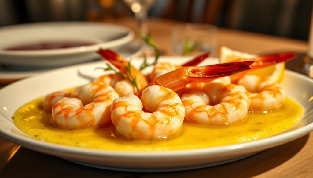 A beautifully presented shrimp dish, the juicy crustaceans resting atop a bed of fragrant garlic butter sauce. The plate is artfully arranged, with the shrimp glistening under soft, warm lighting that casts a cozy glow. In the background, a simple but elegant table setting, perhaps with a sprig of fresh herbs or a lemon wedge as a garnish, completes the scene. The overall mood is one of refined, appetizing elegance, inviting the viewer to imagine the delectable flavors and satisfying texture of this enticing seafood creation. A beautifully presented shrimp dish, the juicy crustaceans resting atop a bed of fragrant garlic butter sauce. The plate is artfully arranged, with the shrimp glistening under soft, warm lighting that casts a cozy glow. In the background, a simple but elegant table setting, perhaps with a sprig of fresh herbs or a lemon wedge as a garnish, completes the scene. The overall mood is one of refined, appetizing elegance, inviting the viewer to imagine the delectable flavors and satisfying texture of this enticing seafood creation.