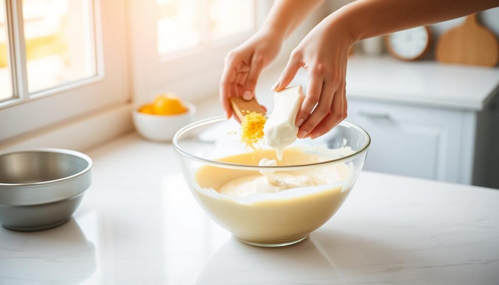 A bright, airy kitchen counter with a mixing bowl at the center, filled with a smooth, pale yellow batter. A pair of hands gently folding in ingredients - fresh lemon zest, creamy yogurt, and a hint of vanilla. Warm natural light filters in through a nearby window, casting a soft glow over the scene. The background is softly blurred, allowing the baking process to take center stage. The overall mood is one of simple, homemade elegance - a straightforward, yet delightful recipe in the making. A bright, airy kitchen counter with a mixing bowl at the center, filled with a smooth, pale yellow batter. A pair of hands gently folding in ingredients - fresh lemon zest, creamy yogurt, and a hint of vanilla. Warm natural light filters in through a nearby window, casting a soft glow over the scene. The background is softly blurred, allowing the baking process to take center stage. The overall mood is one of simple, homemade elegance - a straightforward, yet delightful recipe in the making.
