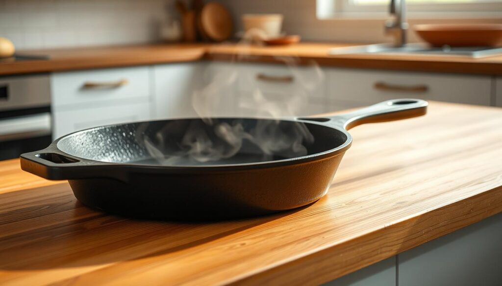 A cast iron skillet rests atop a wooden kitchen counter, steam gently rising from its surface. The skillet is positioned at a slight angle, revealing the intricate texture of its well-seasoned cooking surface. Soft, warm lighting bathes the scene, casting subtle shadows that highlight the skillet's three-dimensional form. In the background, a clean, minimalist kitchen fades into soft focus, hinting at the delicious breakfast creation that will soon emerge from this carefully calibrated cookware. A cast iron skillet rests atop a wooden kitchen counter, steam gently rising from its surface. The skillet is positioned at a slight angle, revealing the intricate texture of its well-seasoned cooking surface. Soft, warm lighting bathes the scene, casting subtle shadows that highlight the skillet's three-dimensional form. In the background, a clean, minimalist kitchen fades into soft focus, hinting at the delicious breakfast creation that will soon emerge from this carefully calibrated cookware.