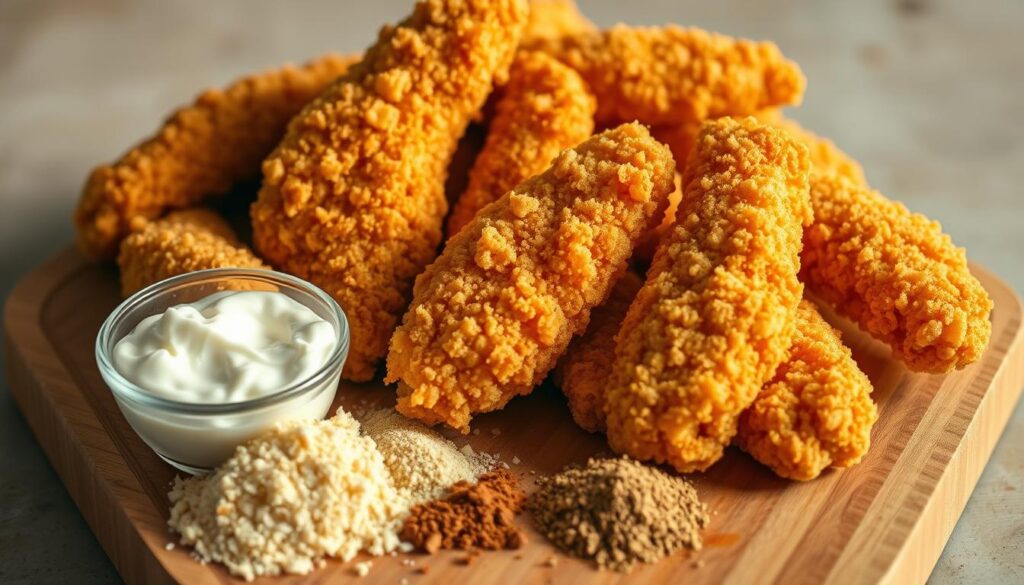 A crisp, golden-brown array of freshly fried chicken tenders, nestled on a wooden cutting board. The tenders glisten under warm, natural lighting, revealing their crunchy, perfectly seasoned coating. In the foreground, a handful of key ingredients - buttermilk, panko breadcrumbs, and a blend of spices - are artfully arranged, hinting at the techniques used to achieve this mouthwatering texture. The middle ground showcases the tenders from various angles, highlighting their irregular shapes and tantalizing curves. The background is a softly blurred, neutral backdrop, allowing the star of the scene to take center stage. The overall mood is one of culinary mastery and temptation, inviting the viewer to imagine the satisfying crunch and juicy interior of these irresistible chicken tenders. A crisp, golden-brown array of freshly fried chicken tenders, nestled on a wooden cutting board. The tenders glisten under warm, natural lighting, revealing their crunchy, perfectly seasoned coating. In the foreground, a handful of key ingredients - buttermilk, panko breadcrumbs, and a blend of spices - are artfully arranged, hinting at the techniques used to achieve this mouthwatering texture. The middle ground showcases the tenders from various angles, highlighting their irregular shapes and tantalizing curves. The background is a softly blurred, neutral backdrop, allowing the star of the scene to take center stage. The overall mood is one of culinary mastery and temptation, inviting the viewer to imagine the satisfying crunch and juicy interior of these irresistible chicken tenders.