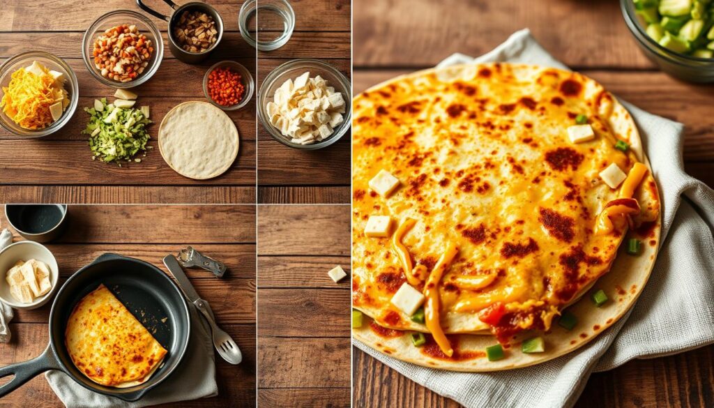 A detailed step-by-step cooking process for preparing delicious 4-ingredient cheesy breakfast quesadillas. High-resolution close-up shots of the preparation stages, showcased on a rustic wooden table with a linen napkin. Soft, natural lighting illuminates the ingredients and cooking techniques. Crisp, high-quality images capture the texture of the tortillas, gooey melted cheese, and freshly chopped toppings. The overall mood is warm, inviting, and mouthwatering, drawing the viewer into the culinary experience. A detailed step-by-step cooking process for preparing delicious 4-ingredient cheesy breakfast quesadillas. High-resolution close-up shots of the preparation stages, showcased on a rustic wooden table with a linen napkin. Soft, natural lighting illuminates the ingredients and cooking techniques. Crisp, high-quality images capture the texture of the tortillas, gooey melted cheese, and freshly chopped toppings. The overall mood is warm, inviting, and mouthwatering, drawing the viewer into the culinary experience.