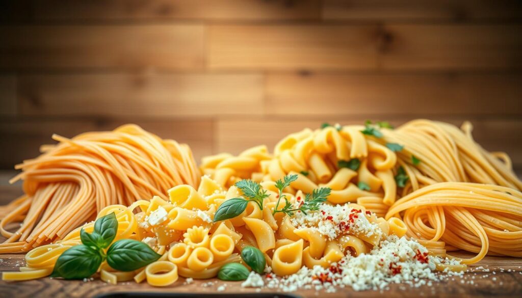 A vibrant still life showcasing a variety of artisanal pasta shapes and styles. In the foreground, an assortment of uncooked pasta - thin spaghetti, curled fusilli, ridged penne, and flat linguine - arranged in a visually captivating composition. In the middle ground, fresh herbs like basil and oregano, along with grated parmesan and a sprinkle of crushed red pepper flakes, add pops of color and texture. The background features a rustic wooden table, with a light, airy atmosphere created by soft, diffused lighting from an overhead window. The overall mood evokes the warmth and customizability of a homemade pasta dish. A vibrant still life showcasing a variety of artisanal pasta shapes and styles. In the foreground, an assortment of uncooked pasta - thin spaghetti, curled fusilli, ridged penne, and flat linguine - arranged in a visually captivating composition. In the middle ground, fresh herbs like basil and oregano, along with grated parmesan and a sprinkle of crushed red pepper flakes, add pops of color and texture. The background features a rustic wooden table, with a light, airy atmosphere created by soft, diffused lighting from an overhead window. The overall mood evokes the warmth and customizability of a homemade pasta dish.