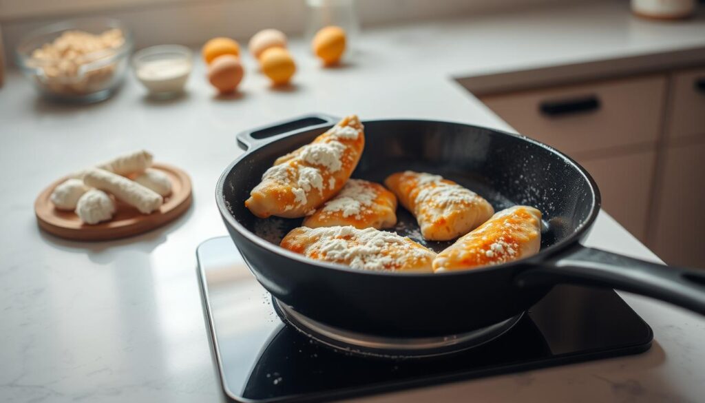 A well-lit kitchen countertop with a clean, seamless surface. On the counter, a series of cooking steps unfold: flour-coated chicken tenders are carefully placed into a hot cast-iron skillet filled with glistening oil. The sizzling and browning process is captured from a slightly elevated angle, showcasing the golden-brown exterior and juicy interior of the frying chicken. In the background, blurred but visible, are the necessary ingredients - breadcrumbs, eggs, and seasonings - arranged neatly, hinting at the simple recipe. The lighting is warm and even, creating an inviting, instructional atmosphere, guiding the viewer through the step-by-step cooking and frying process. A well-lit kitchen countertop with a clean, seamless surface. On the counter, a series of cooking steps unfold: flour-coated chicken tenders are carefully placed into a hot cast-iron skillet filled with glistening oil. The sizzling and browning process is captured from a slightly elevated angle, showcasing the golden-brown exterior and juicy interior of the frying chicken. In the background, blurred but visible, are the necessary ingredients - breadcrumbs, eggs, and seasonings - arranged neatly, hinting at the simple recipe. The lighting is warm and even, creating an inviting, instructional atmosphere, guiding the viewer through the step-by-step cooking and frying process.